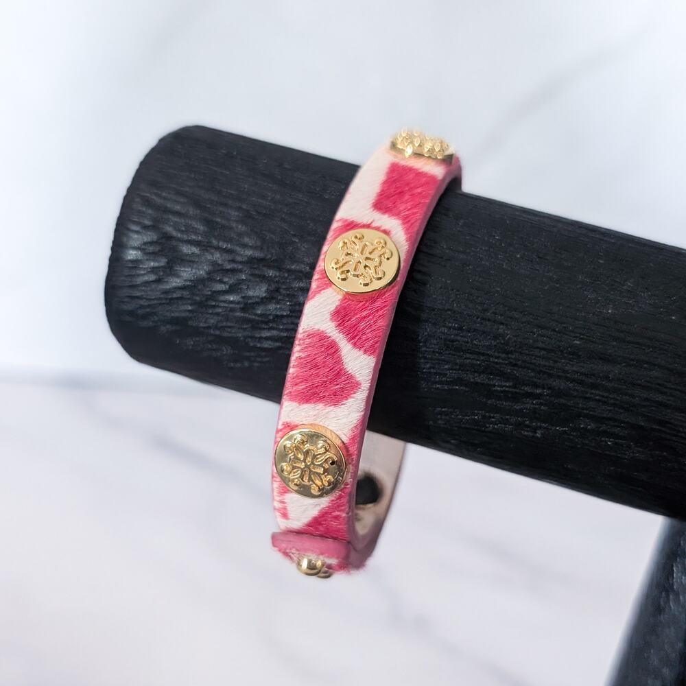 Rustic Cuff Bracelet Pink & White Animal Print with Gold Tone Accents